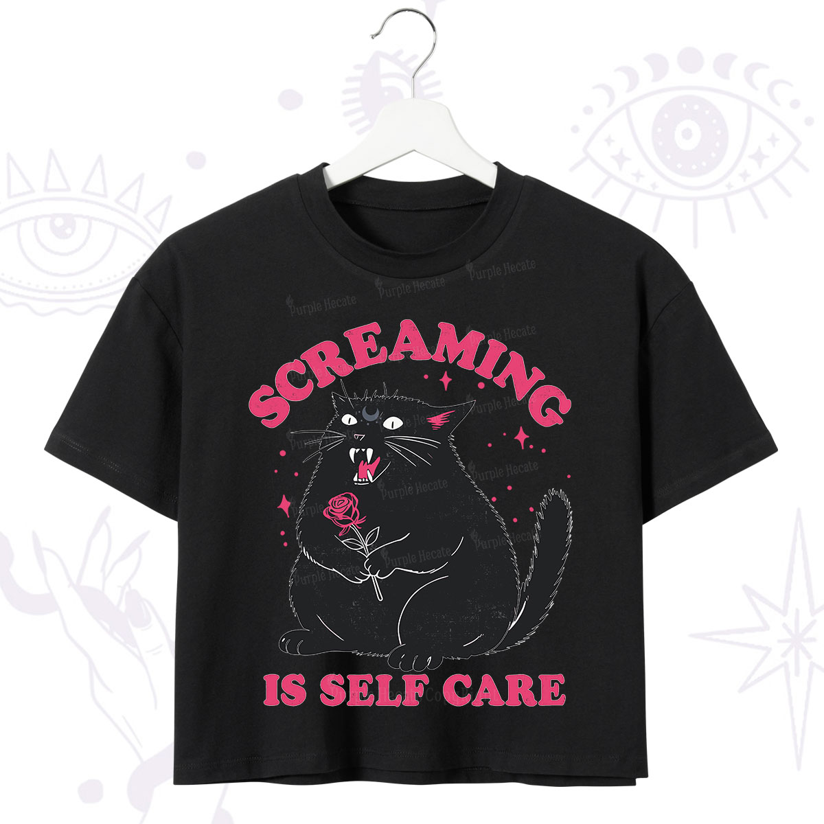 Purplehecate Funny Cat Screaming Is Self Care Crop T-Shirt