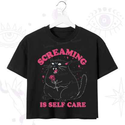 Purplehecate Funny Cat Screaming Is Self Care Crop T-Shirt