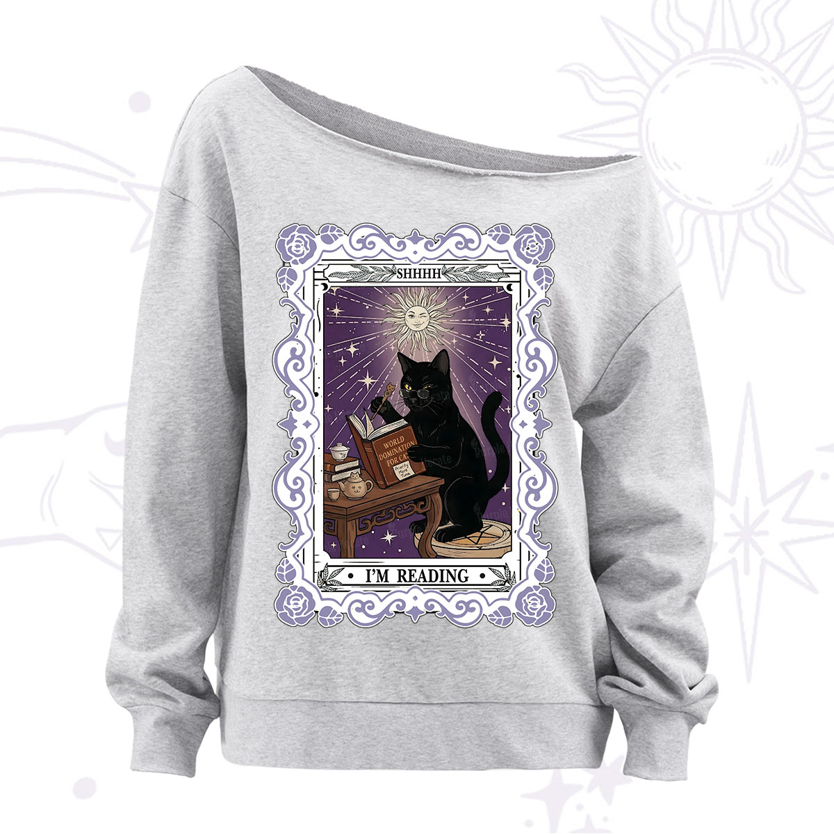 Purplehecate The Reading Cat Tarot Off The Shoulder Sweatshirt