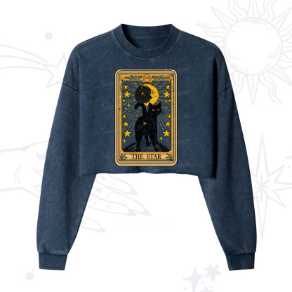 Purplehecate The Star Tarot Cat Cropped Washed Sweatshirt