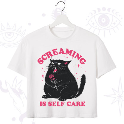 Purplehecate Funny Cat Screaming Is Self Care Crop T-Shirt