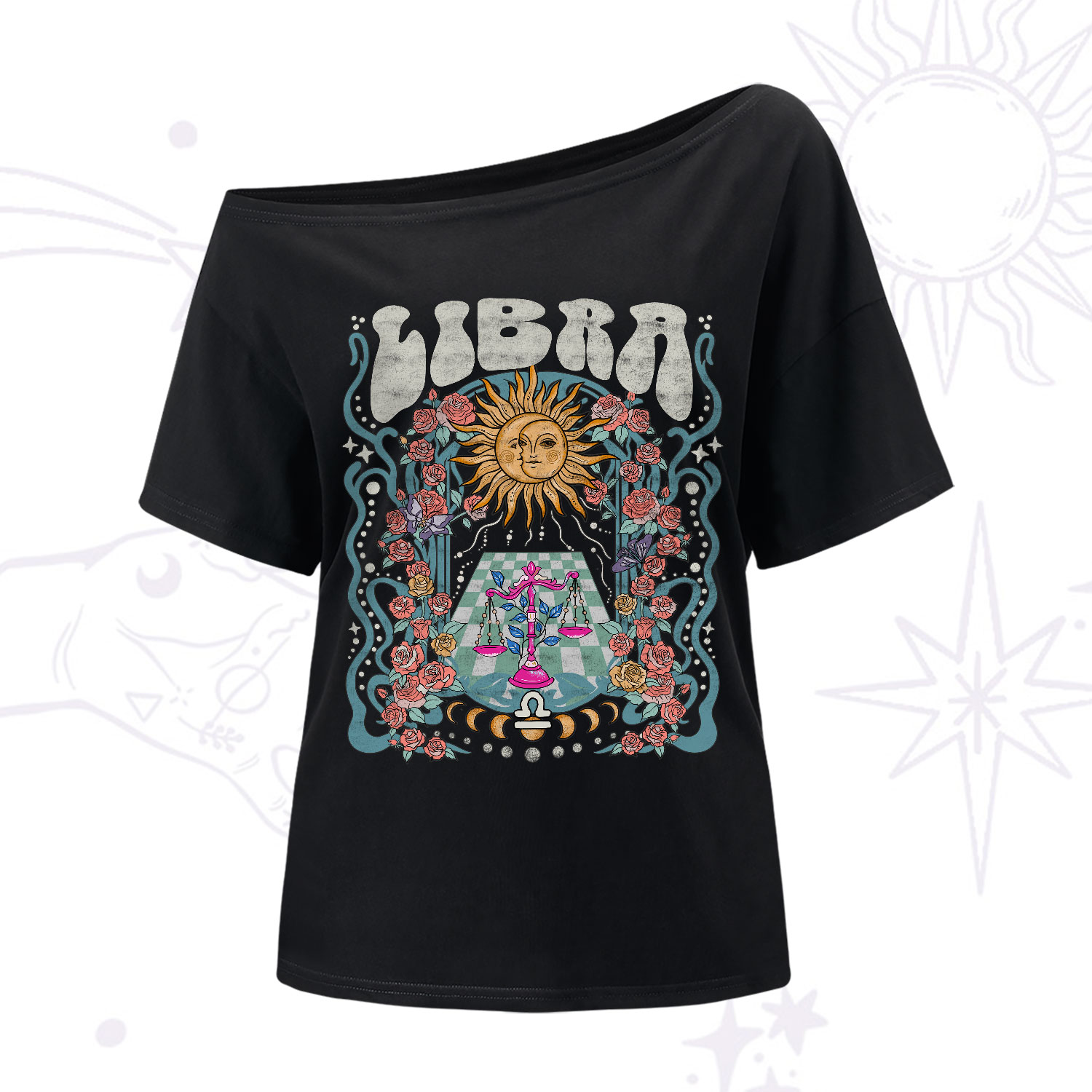 Purplehecate Libra Spirit Zodiac One-Shoulder T-Shirt