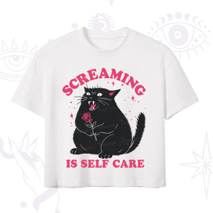 Purplehecate Funny Cat Screaming Is Self Care Crop T-Shirt