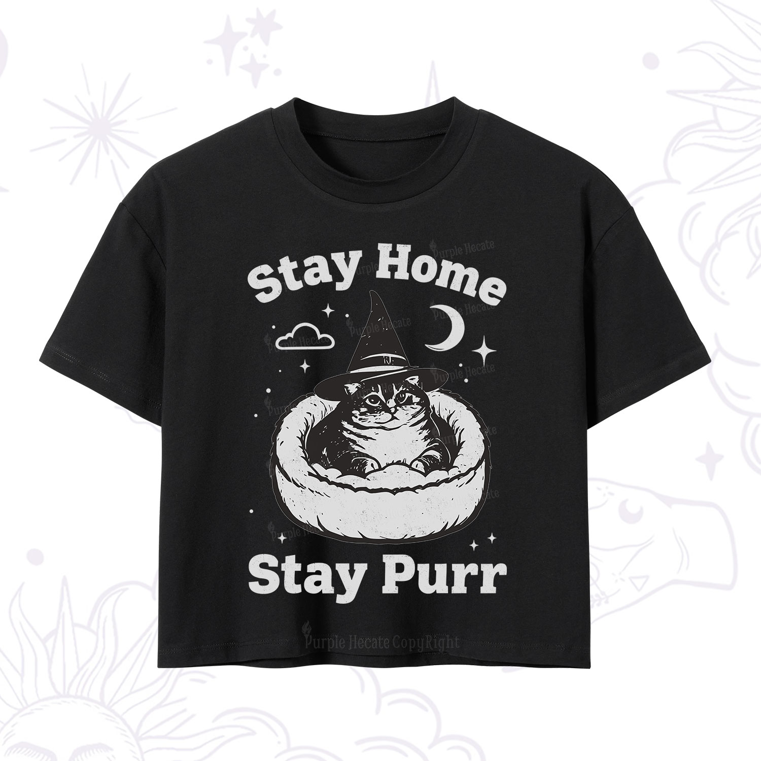 Purplehecate Stay Home Stay Purr Witch Cat Crop T-Shirt