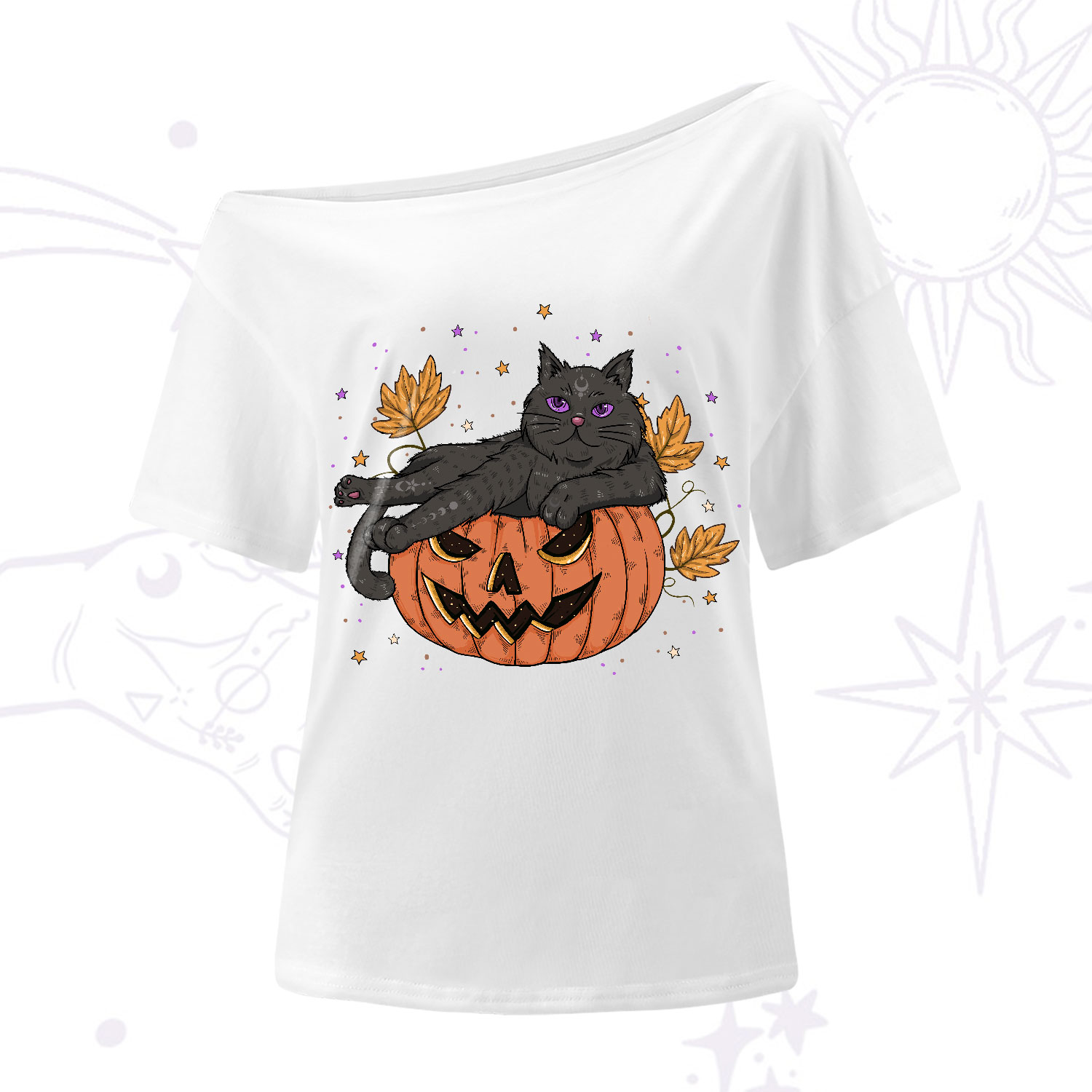 Purplehecate Pumpkin Throne of the Witch Cat One-Shoulder T-Shirt