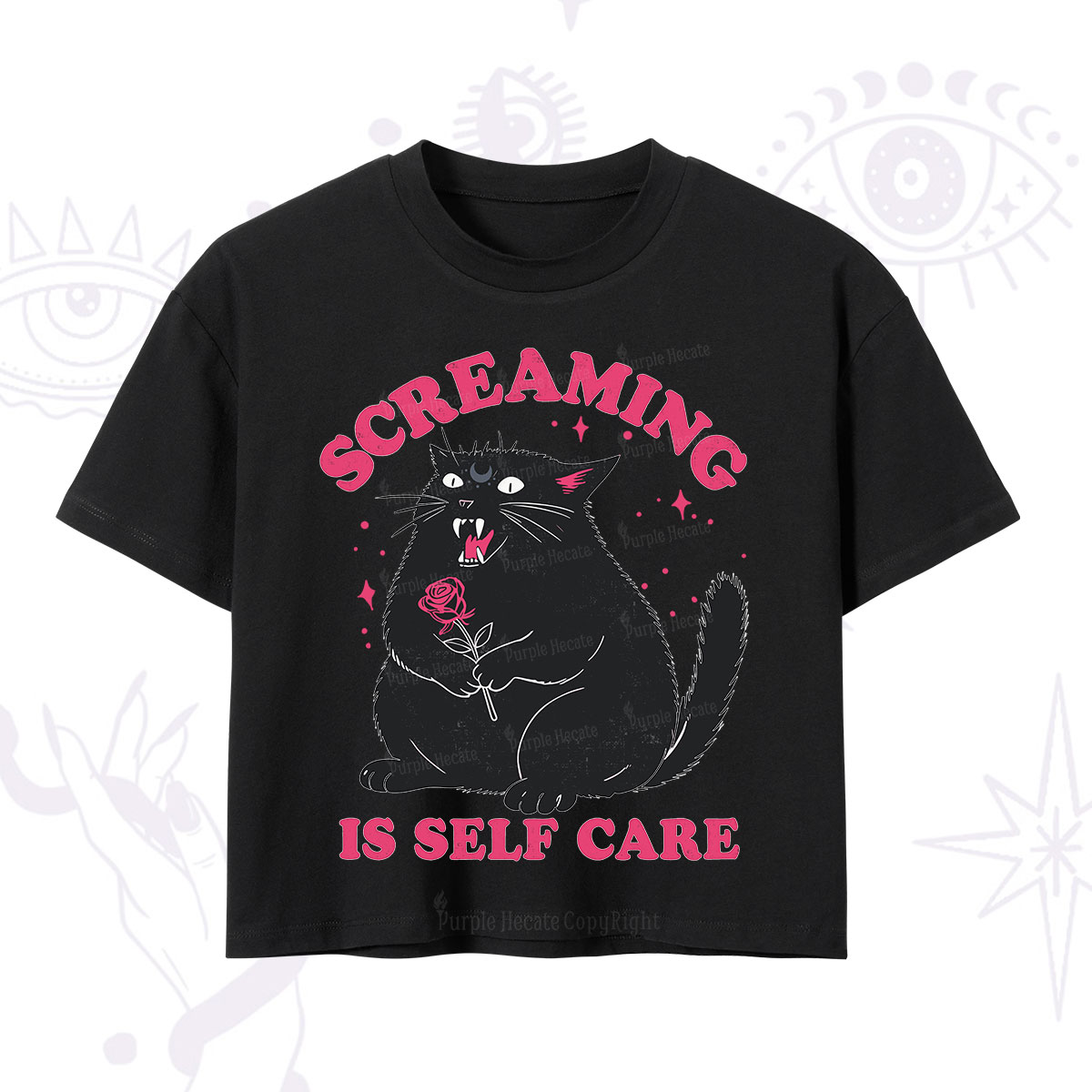 Purplehecate Funny Cat Screaming Is Self Care Crop T-Shirt