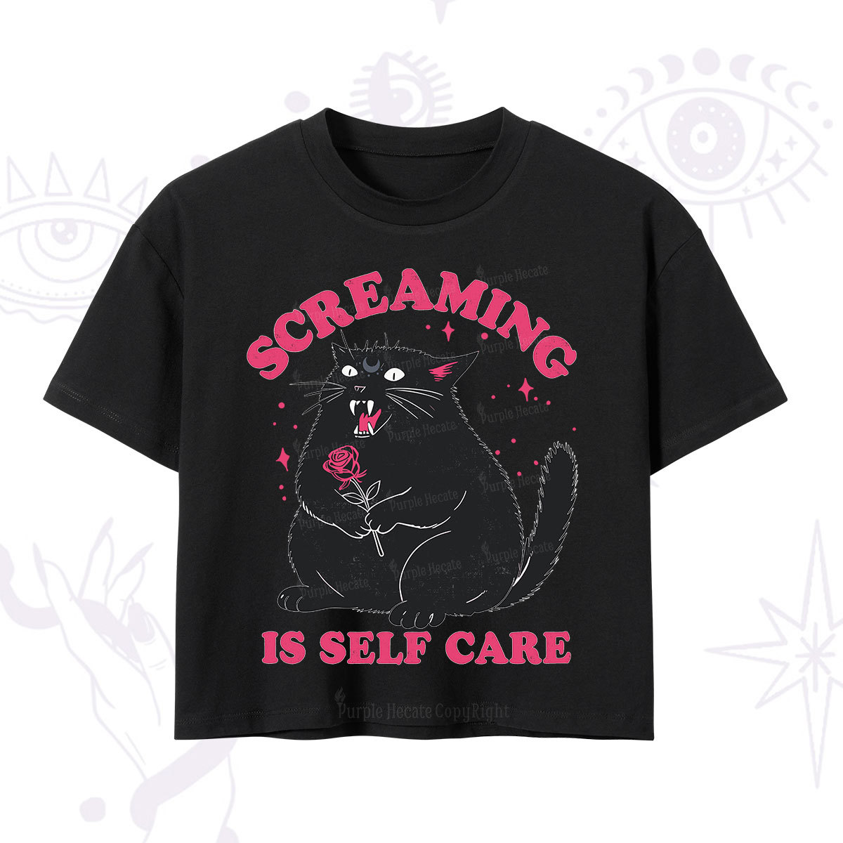 Purplehecate Funny Cat Screaming Is Self Care Crop T-Shirt