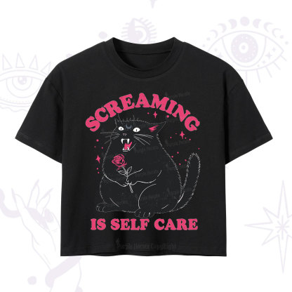 Purplehecate Funny Cat Screaming Is Self Care Crop T-Shirt