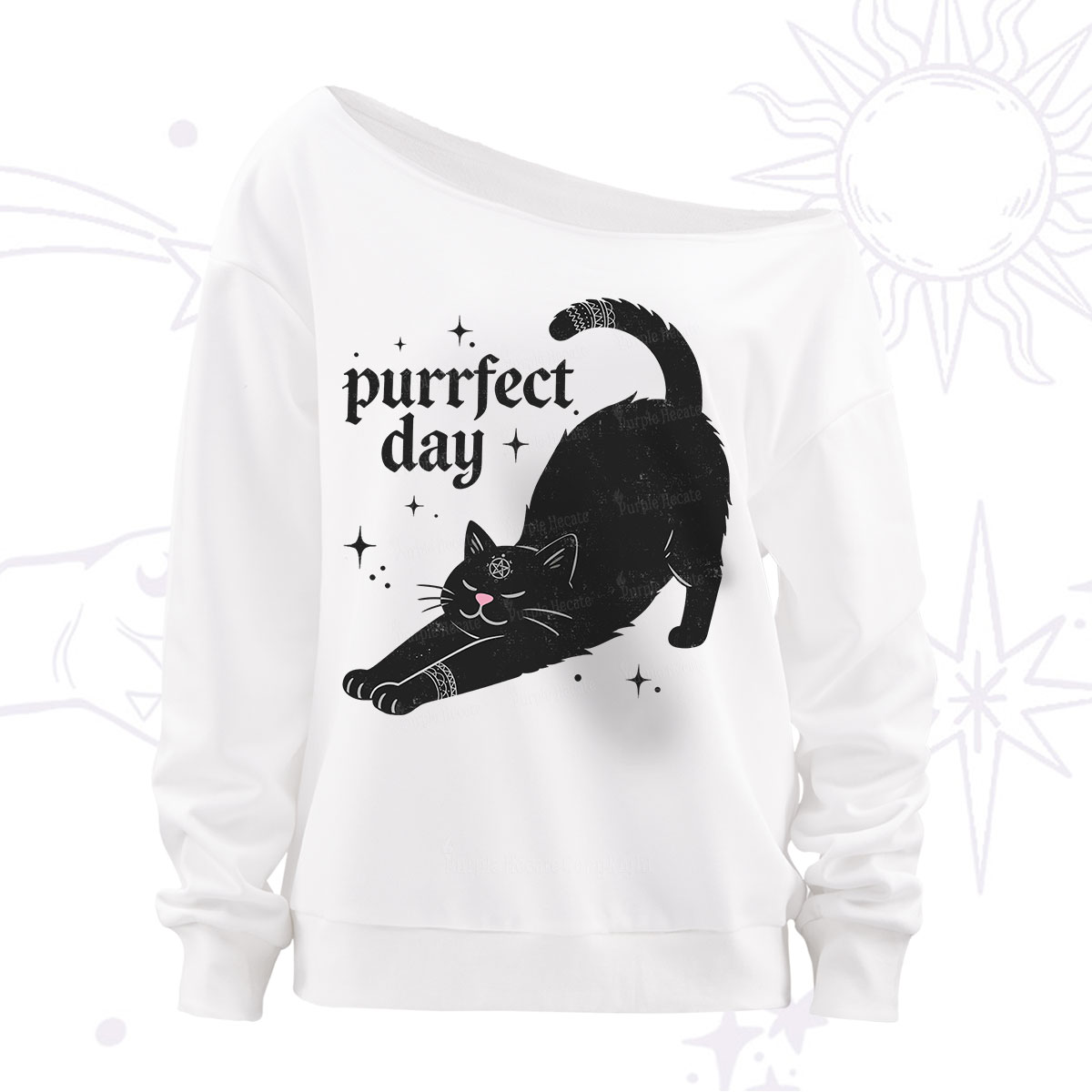 Purplehecate Purrfect Day Black Cat Off The Shoulder Sweatshirt