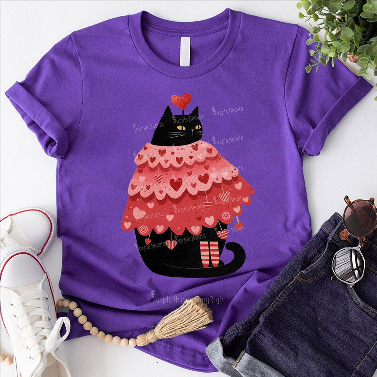 Purplehecate Funny Black Cat in Heart Dress Valentine Couple T-Shirt