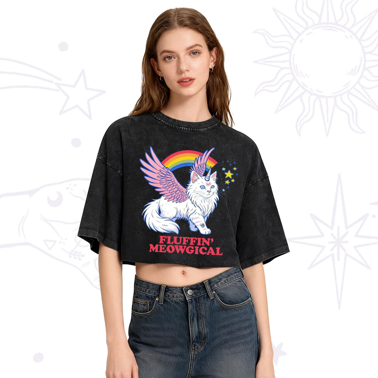 Purplehecate Fluffin Meowgical Washed Cropped T-Shirt