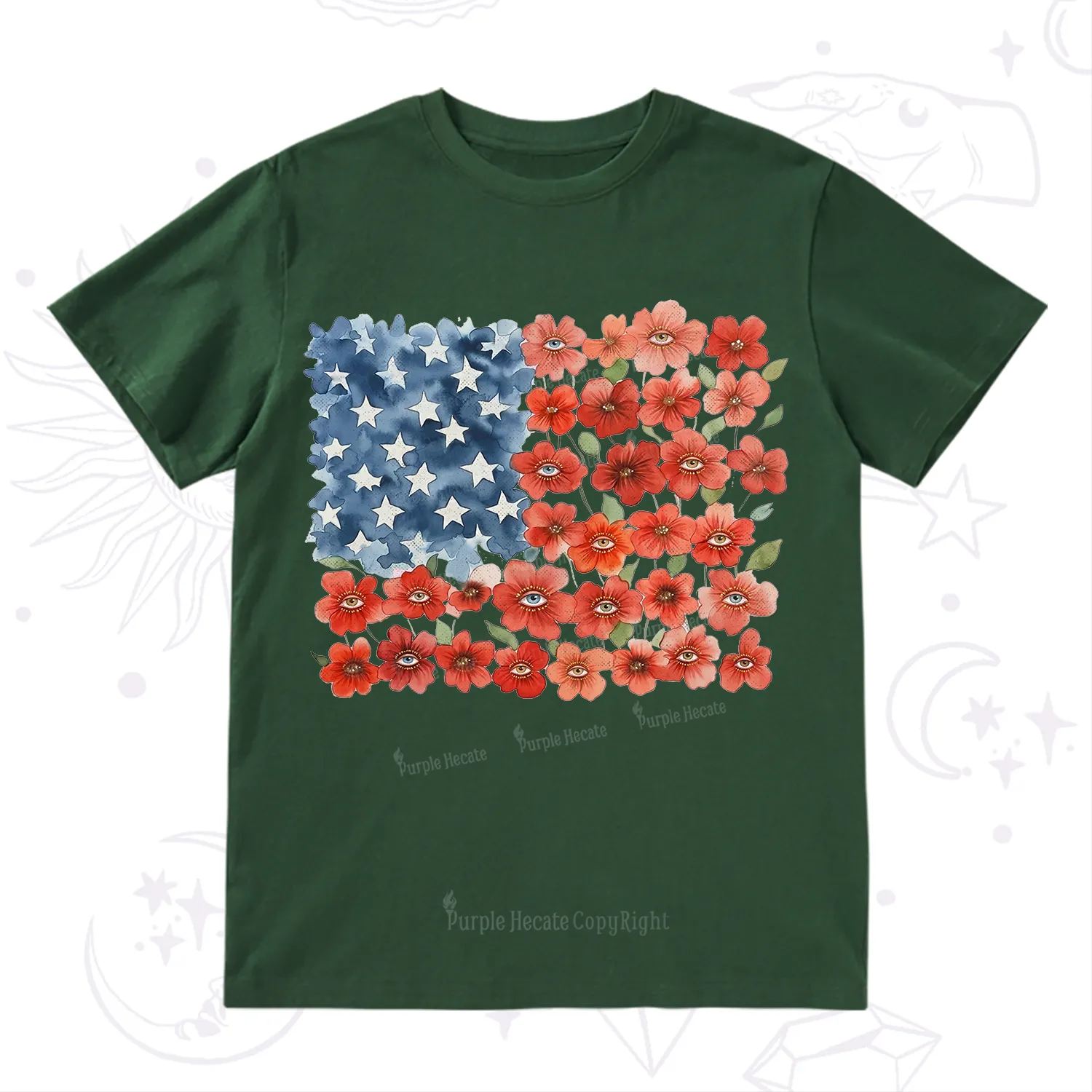 Purplehecate Floral Watercolor American Flag T-Shirt
