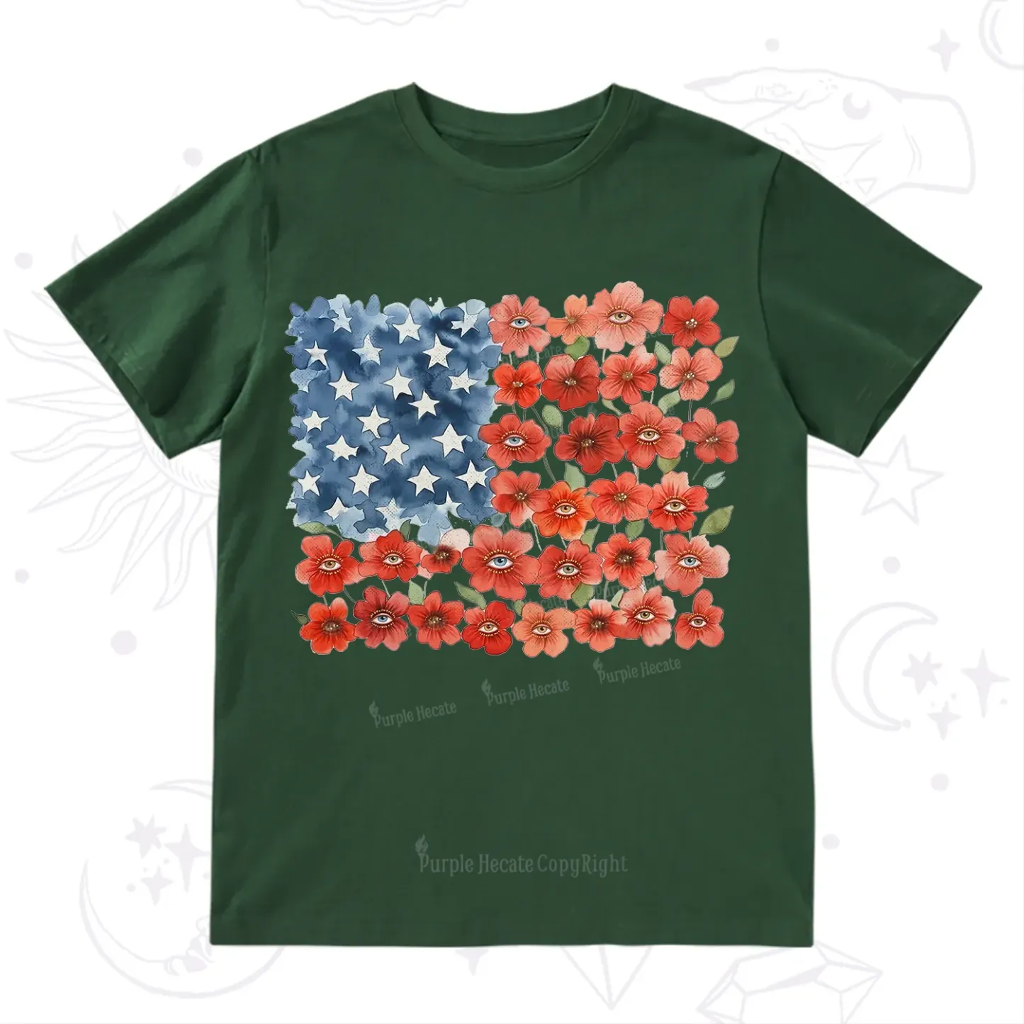 Purplehecate Floral Watercolor American Flag T-Shirt