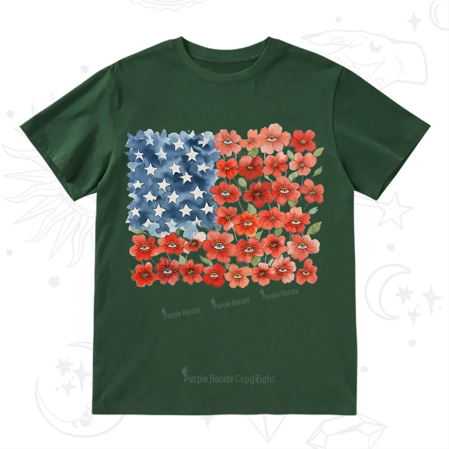 Purplehecate Floral Watercolor American Flag T-Shirt