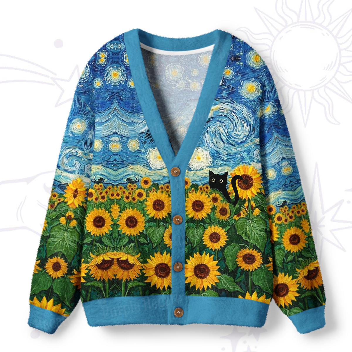Purplehecate Starry Night Sunflower Black Cat Ugly Cardigan Sweaters