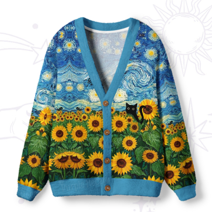 Purplehecate Starry Night Sunflower Black Cat Ugly Cardigan Sweaters