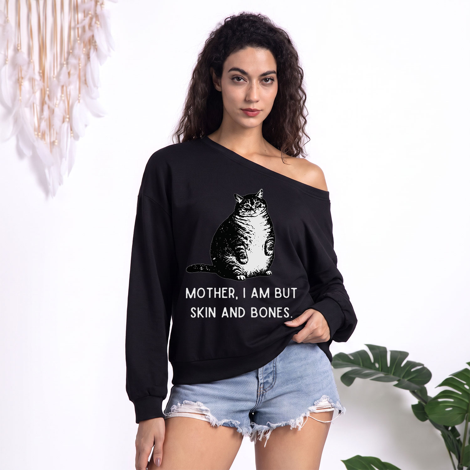 Purplehecate Cat Mother I Am But Skin And Bones One Shoulder Sweatshirt