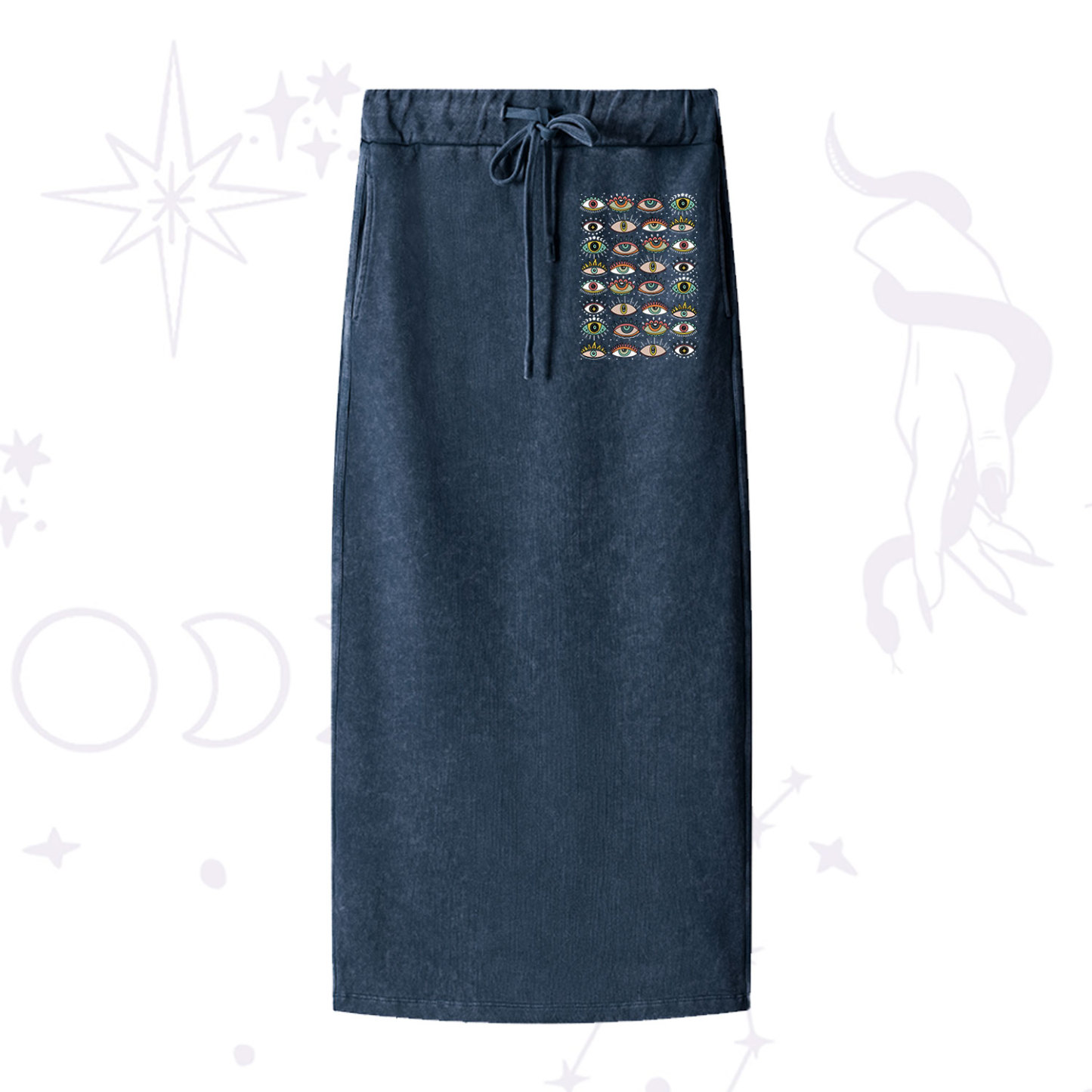 Purplehecate Evil Eye Pattern Washed Drawstring Long Skirt