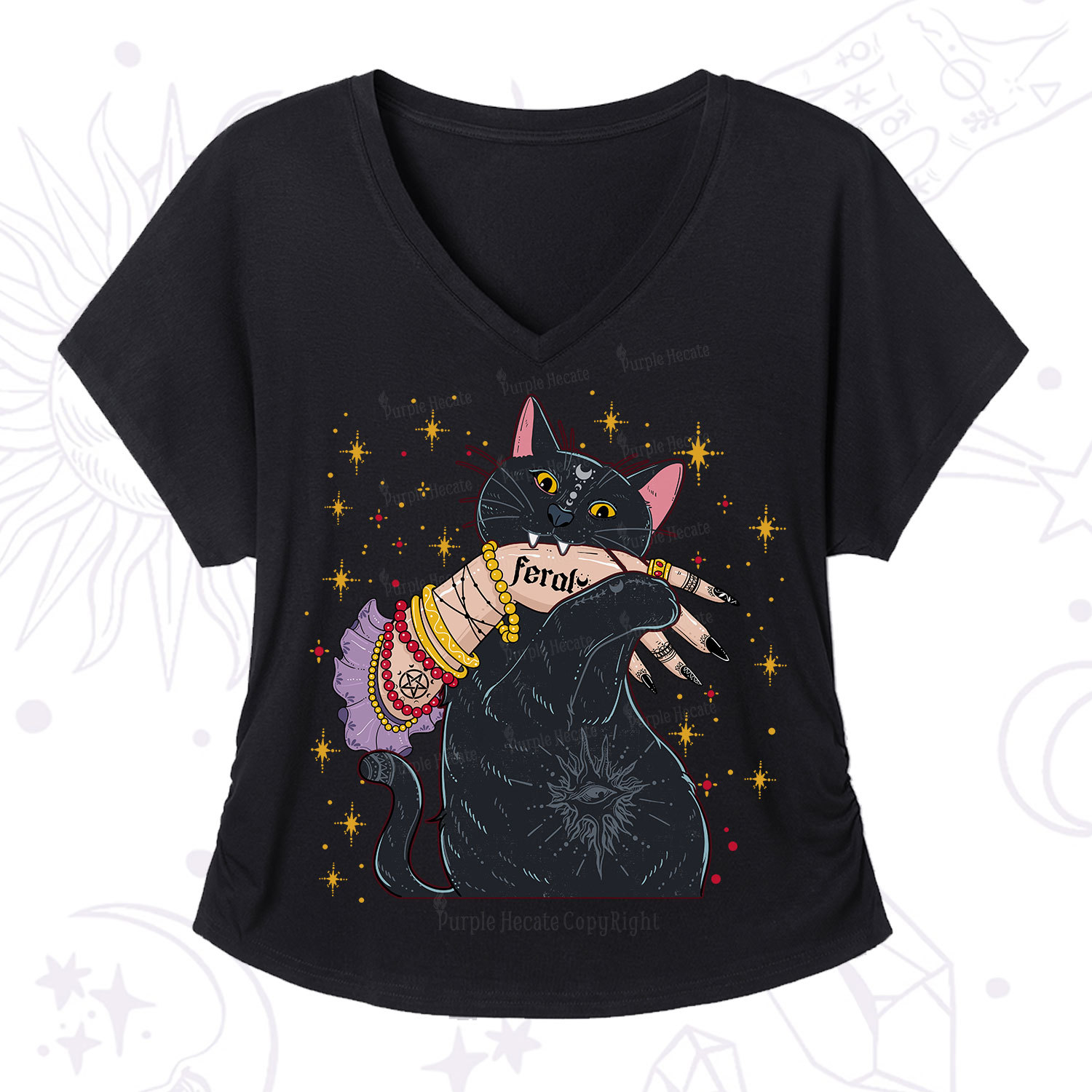 Purplehecate Feral Cat V-Neck T-Shirt