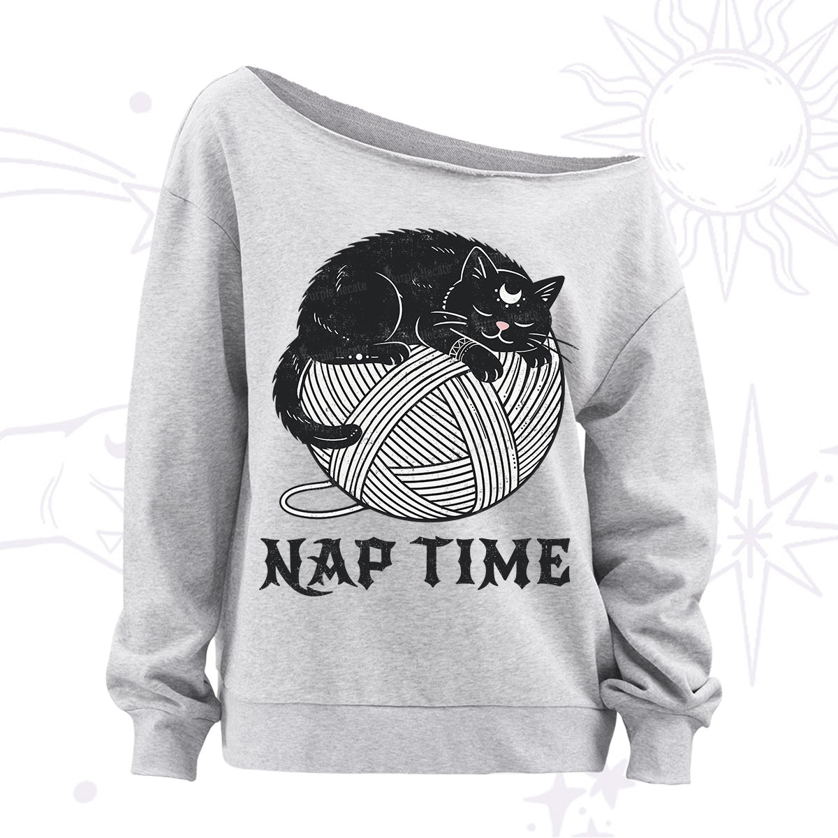Purplehecate Nap Time Cat Off The Shoulder Sweatshirt