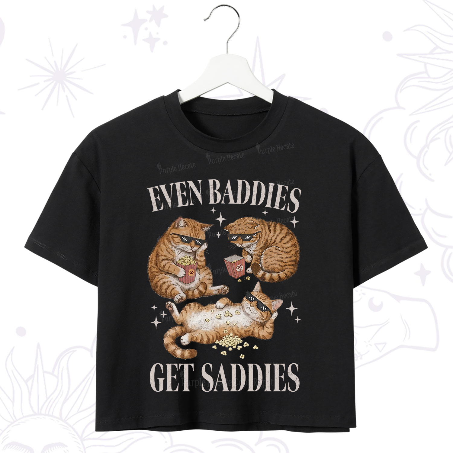 Purplehecate Even Baddies Get Saddies Funny Cat Crop T-Shirt