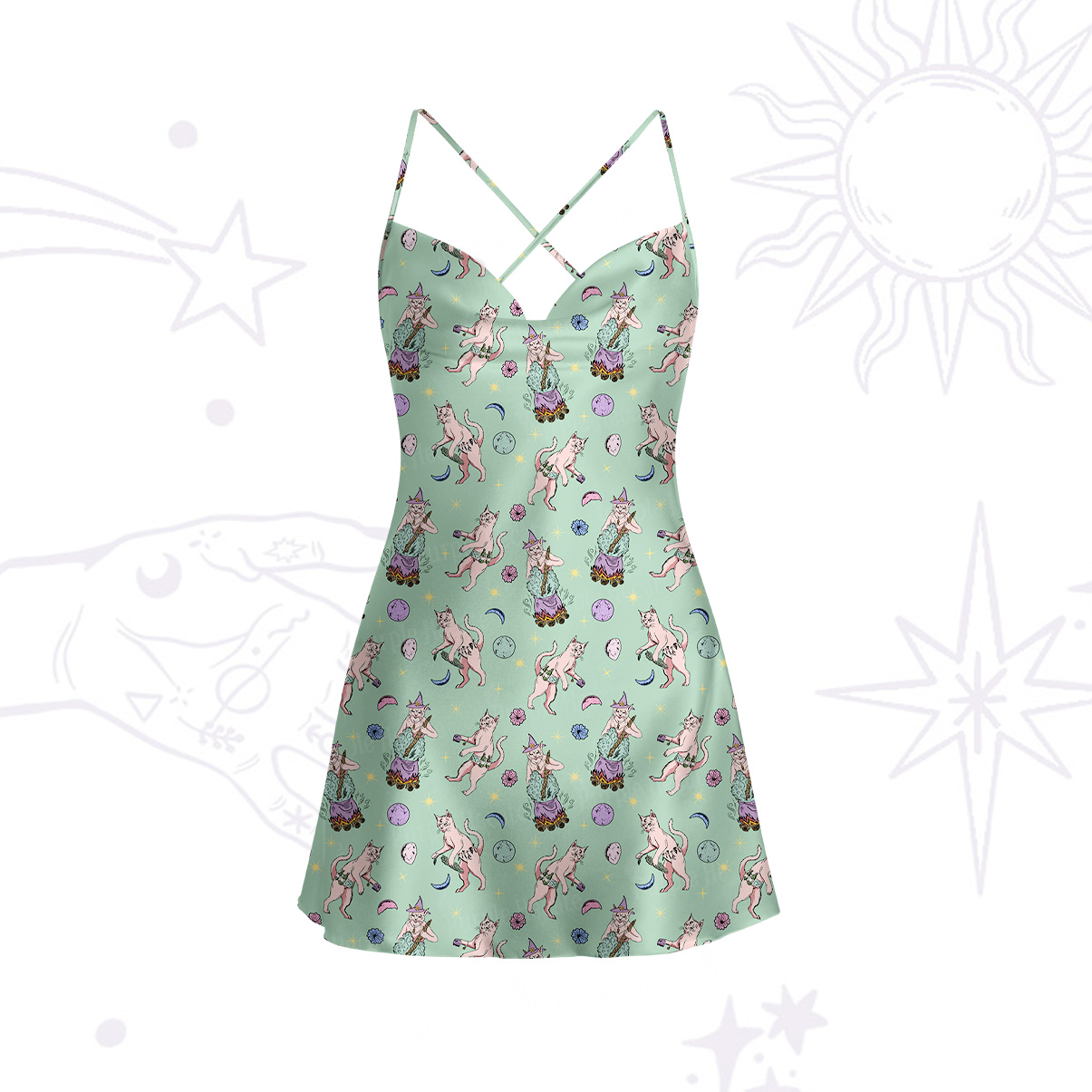 Purplehecate Cat Coven Satin Cross Back Mini Dress