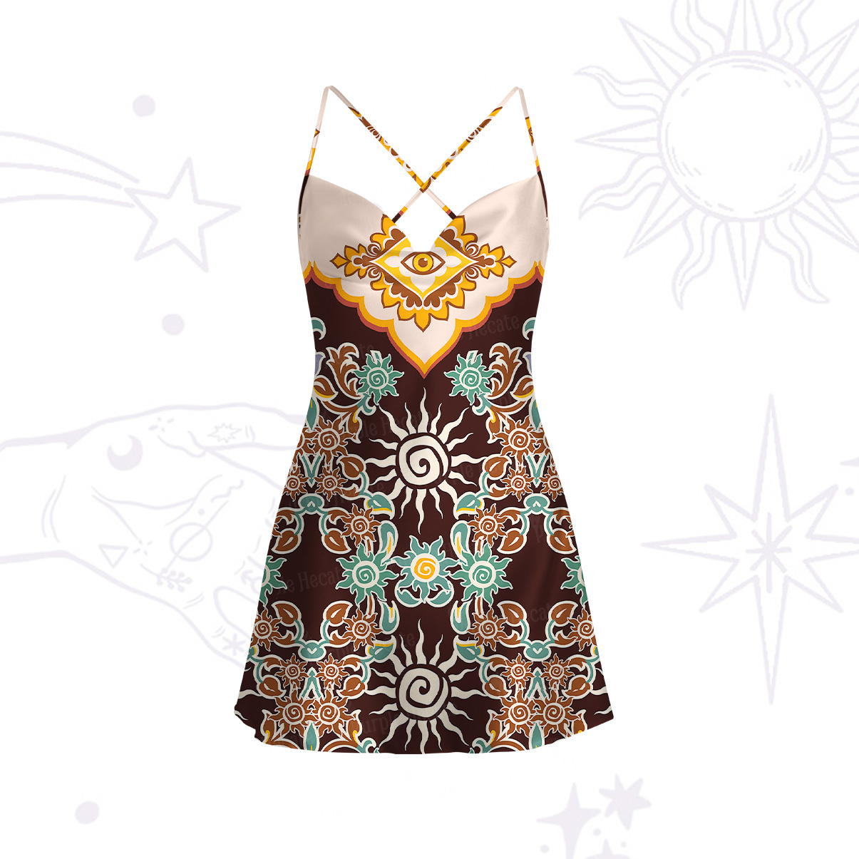 Purplehecate Solar Whispers Witch Satin Cross Back Mini Dress