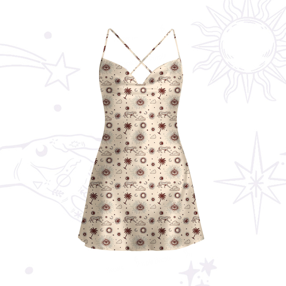 Purplehecate Eye of the Universe Satin Cross Back Mini Dress