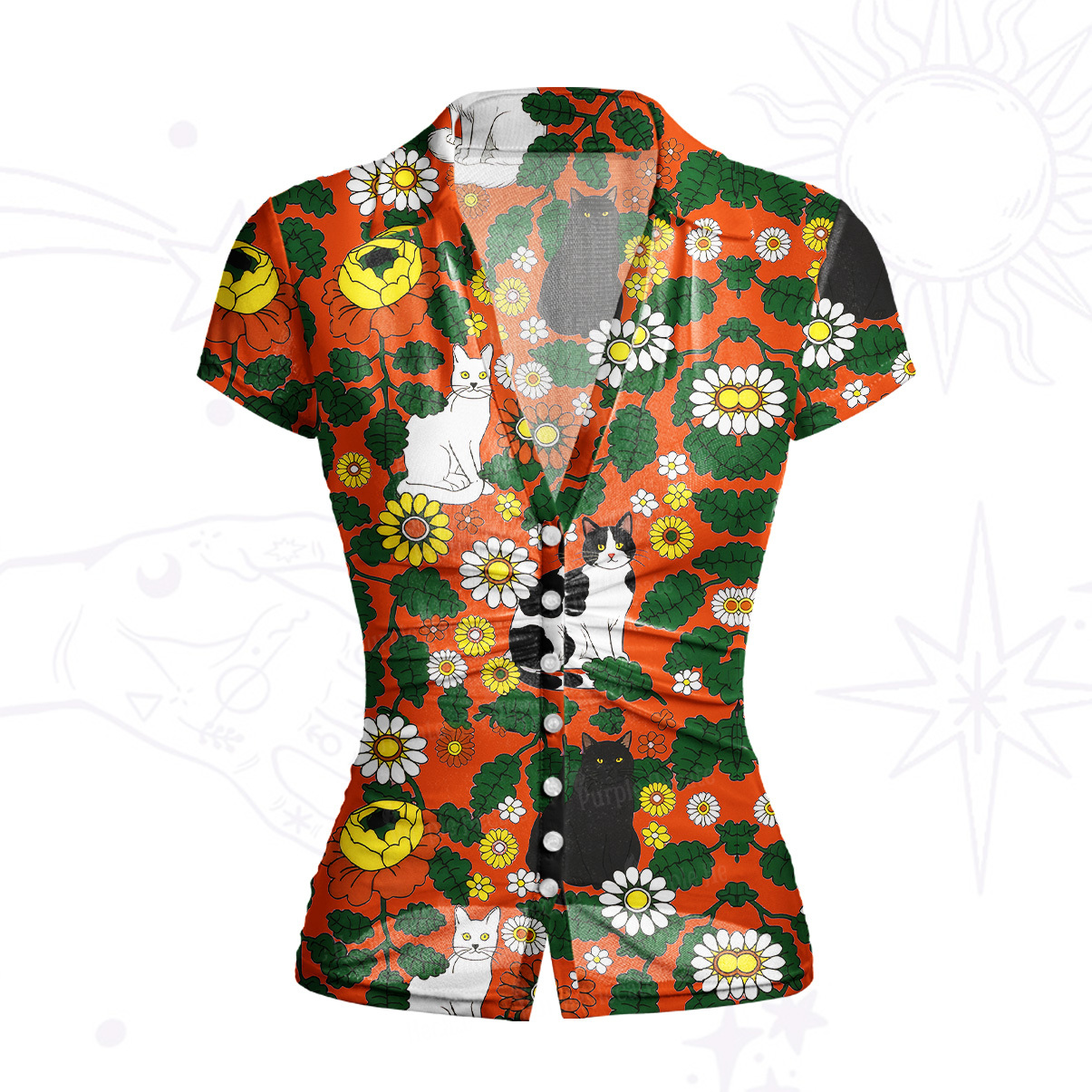 Purplehecate Daisy Cat  Garden Mesh Button Up Top