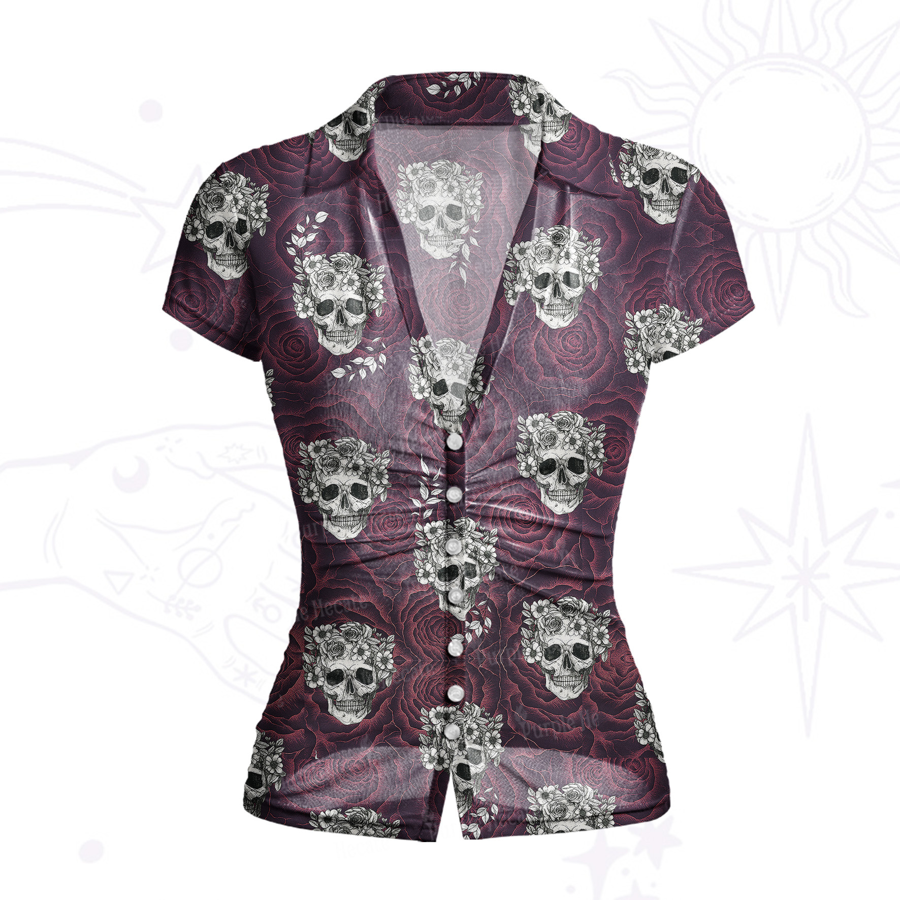 Purplehecate Rose Skull Mesh Button Up Top