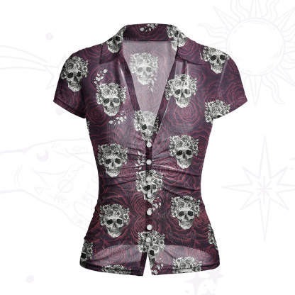 Purplehecate Rose Skull Mesh Button Up Top