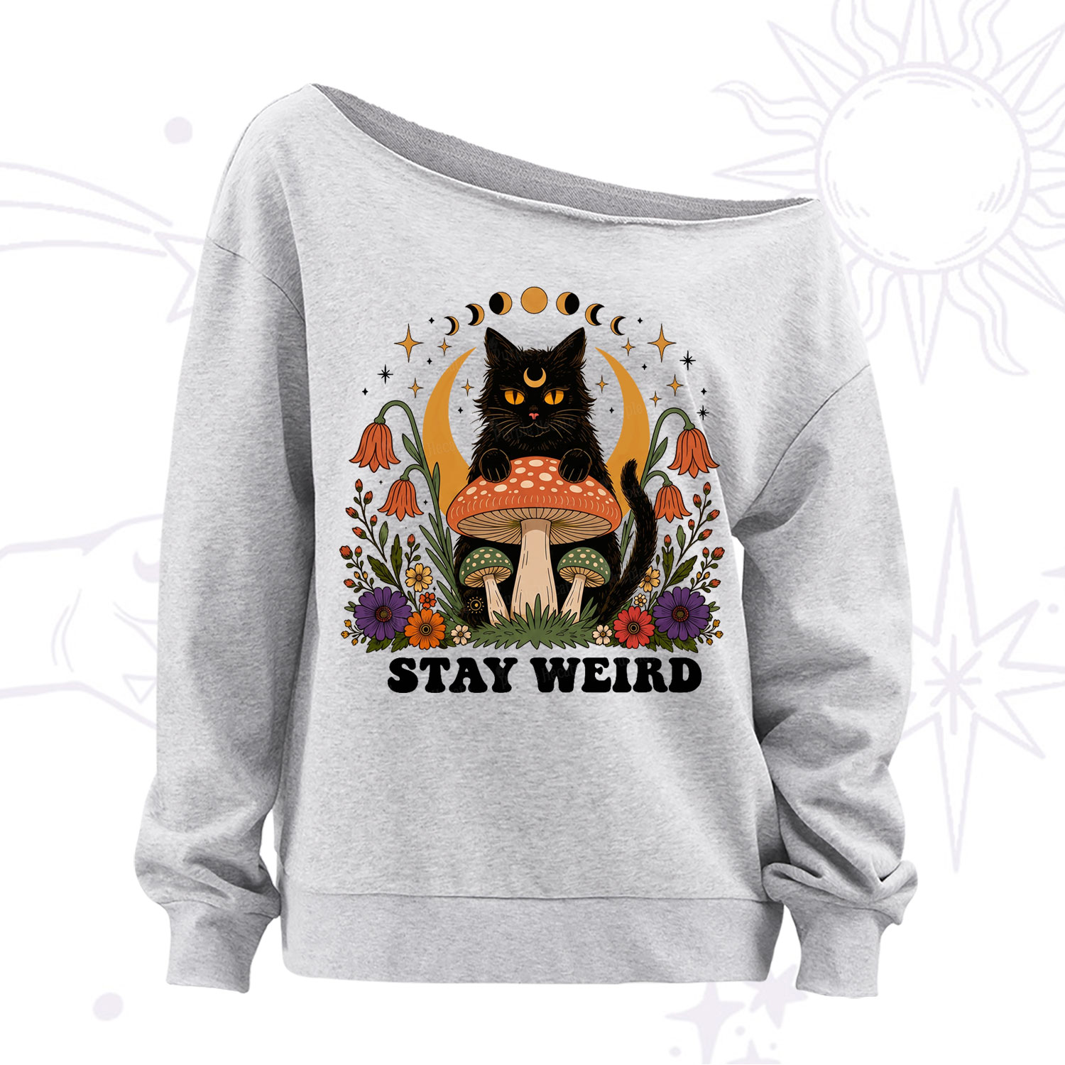 Purplehecate Stay Weird Black Cat Off The Shoulder Sweatshirt
