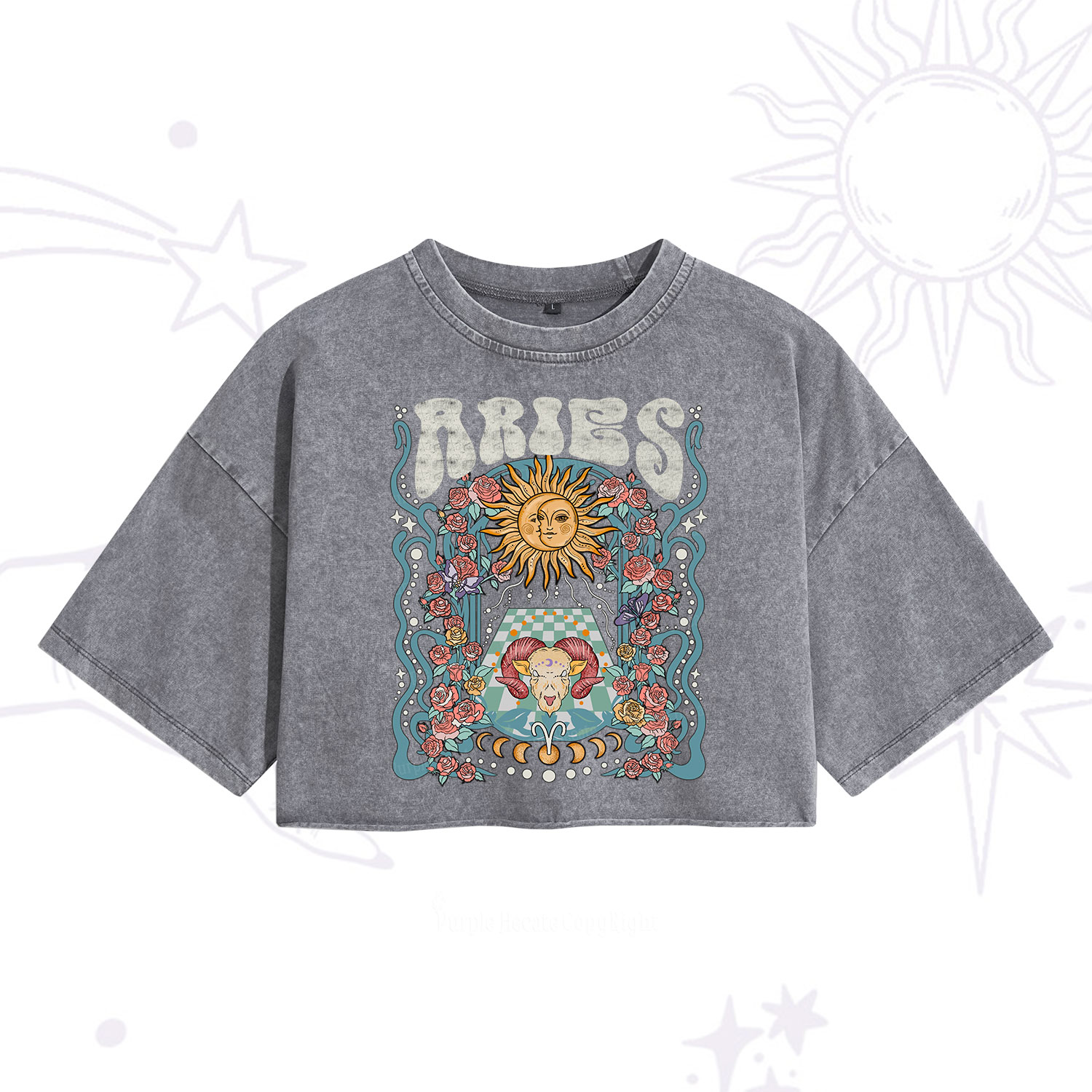 Purplehecate Aries Spirit Zodiac Washed Cropped T-Shirt