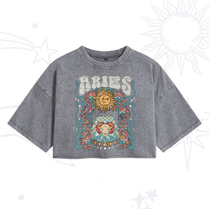 Purplehecate Aries Spirit Zodiac Washed Cropped T-Shirt