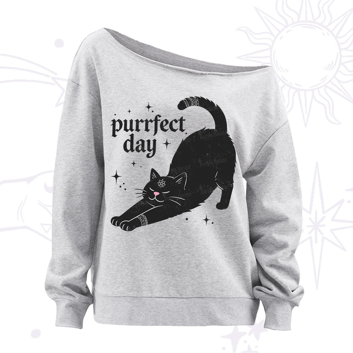 Purplehecate Purrfect Day Black Cat Off The Shoulder Sweatshirt