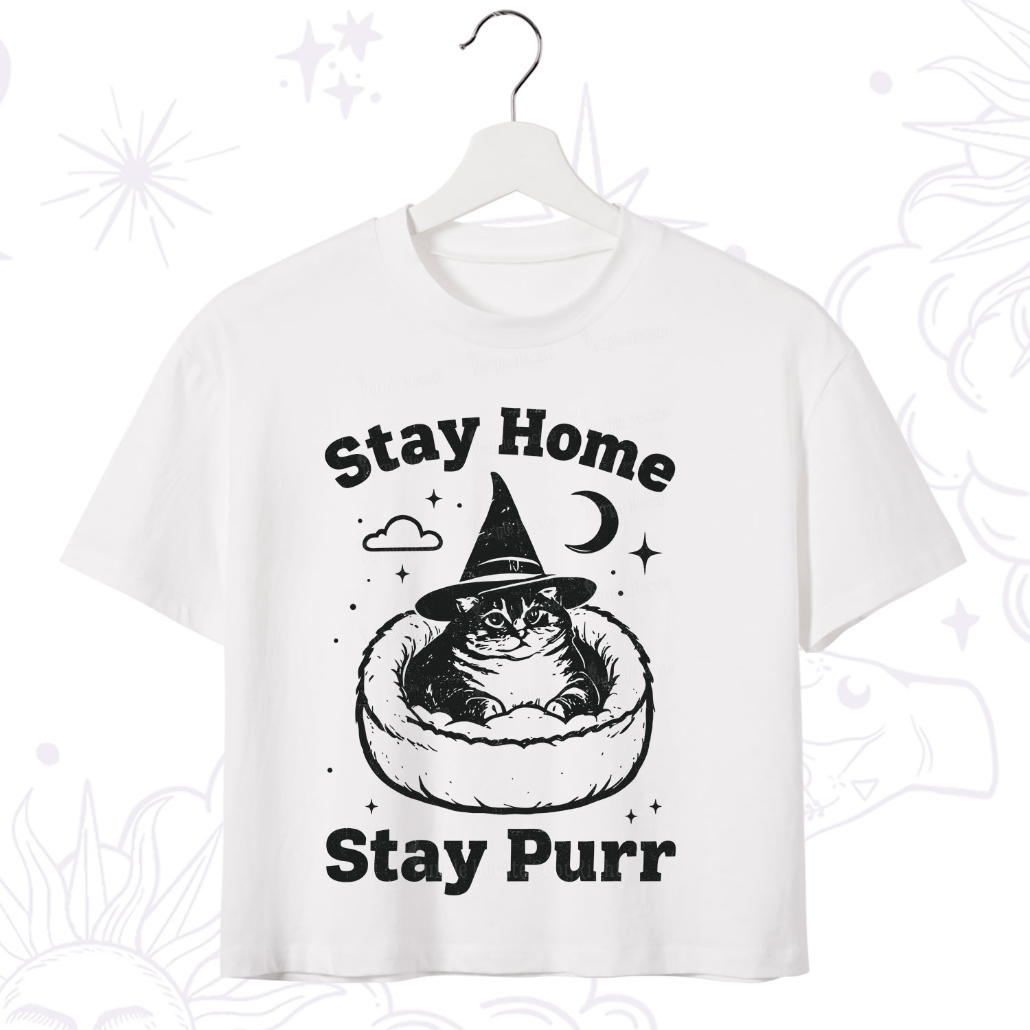 Purplehecate Stay Home Stay Purr Witch Cat Crop T-Shirt