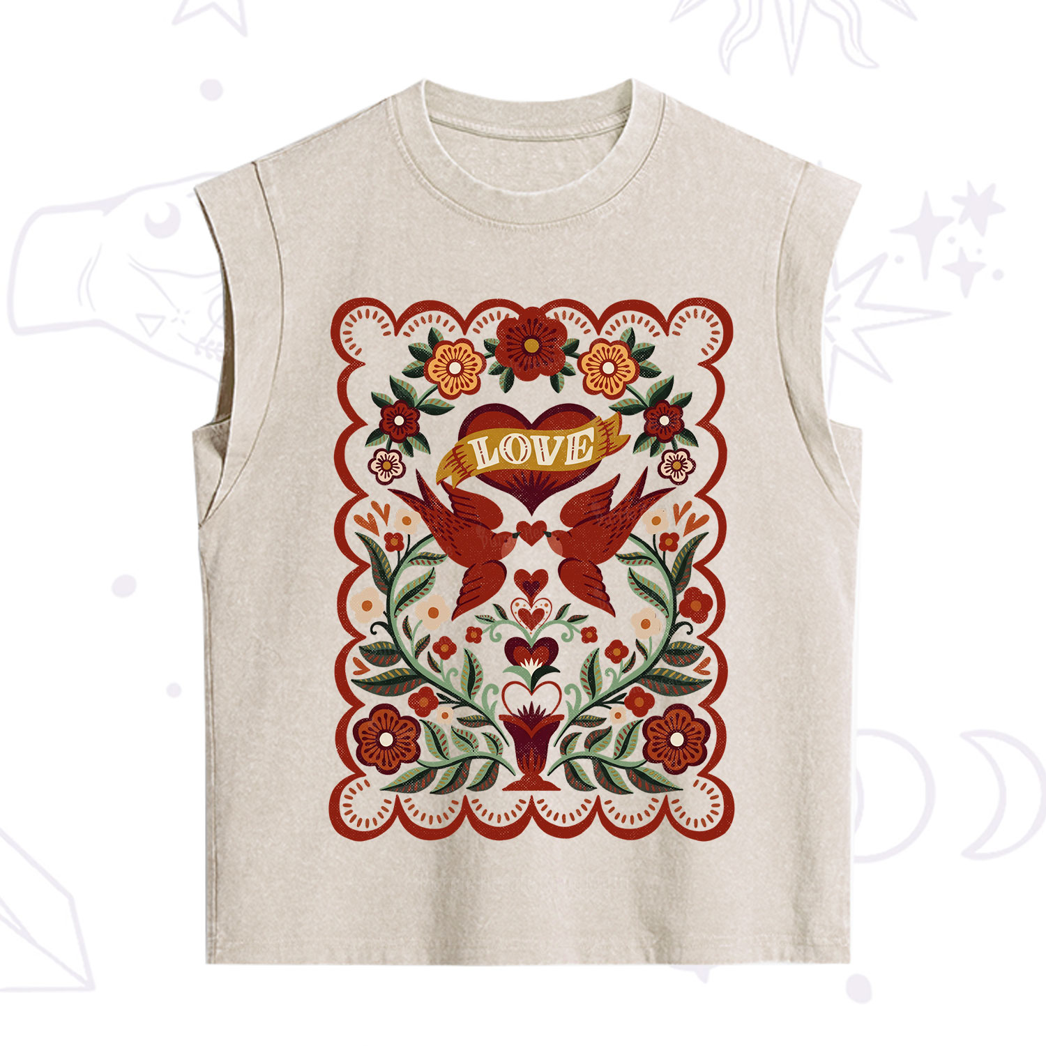Purplehecate Folk Love Birds Floral Vintage Washed Tank