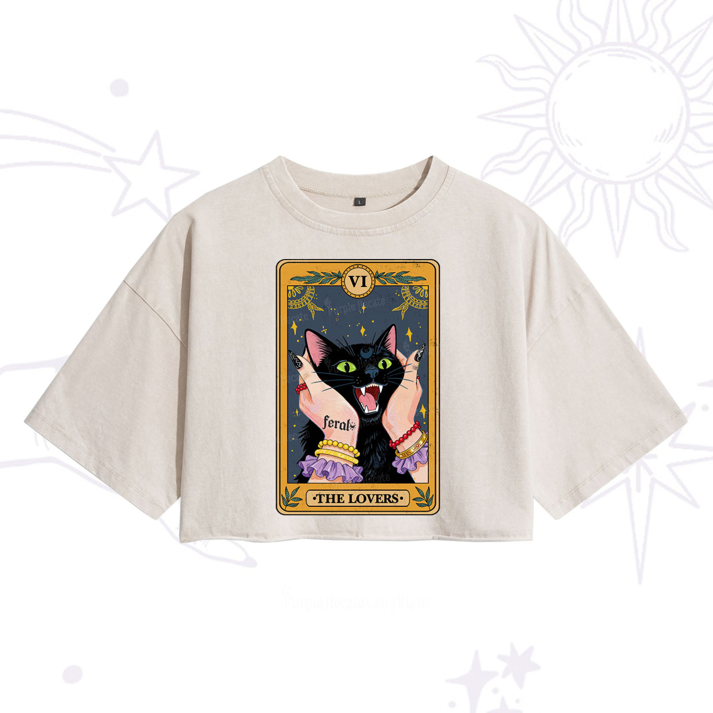 Purplehecate The Lovers Tarot Feral Cat Washed Cropped T-Shirt