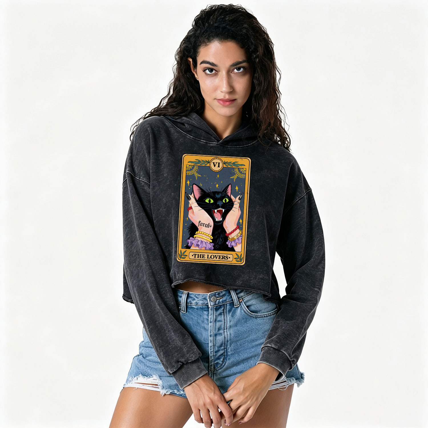 Purplehecate The Lovers Tarot Feral Cat Washed Cropped Hoodie