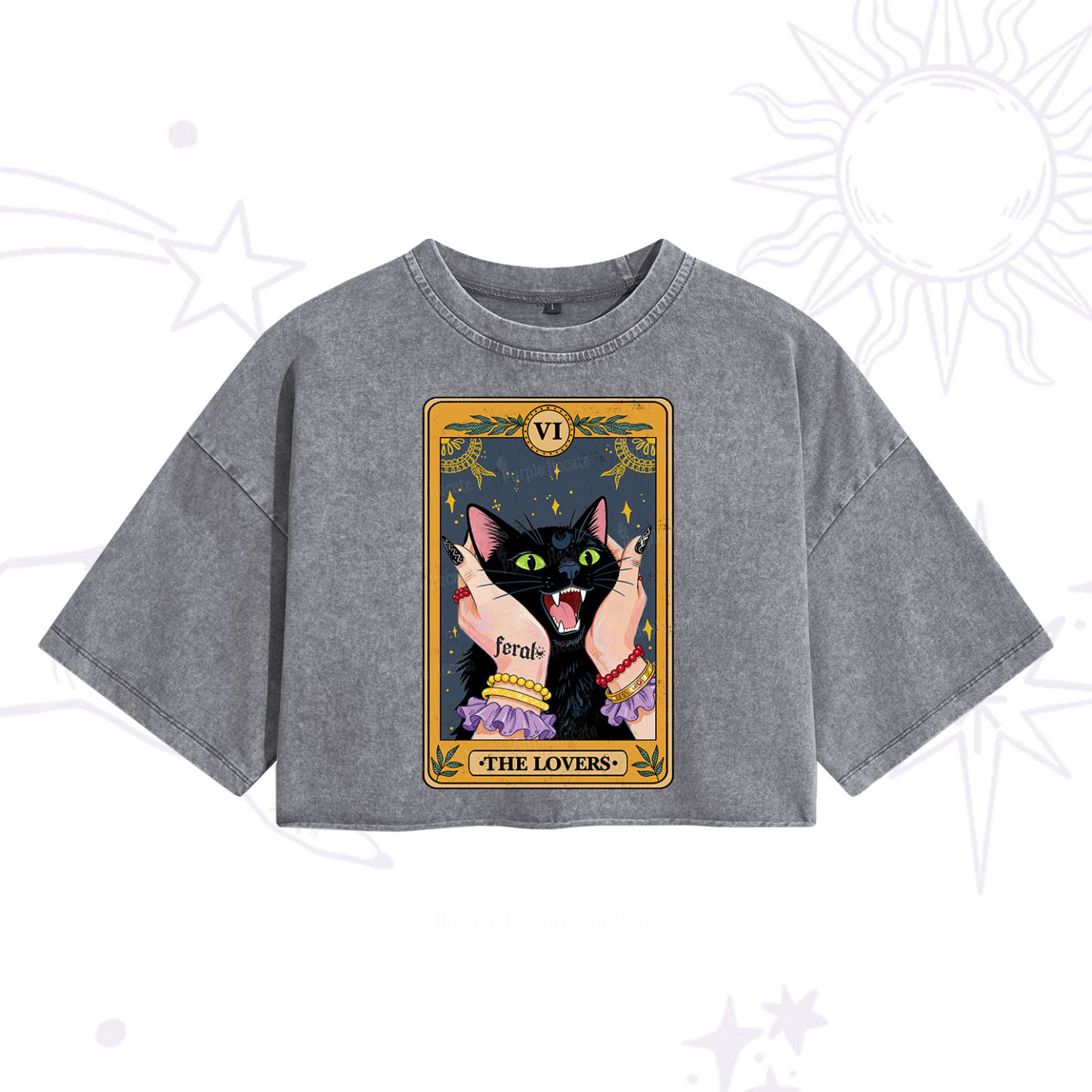 Purplehecate The Lovers Tarot Feral Cat Washed Cropped T-Shirt