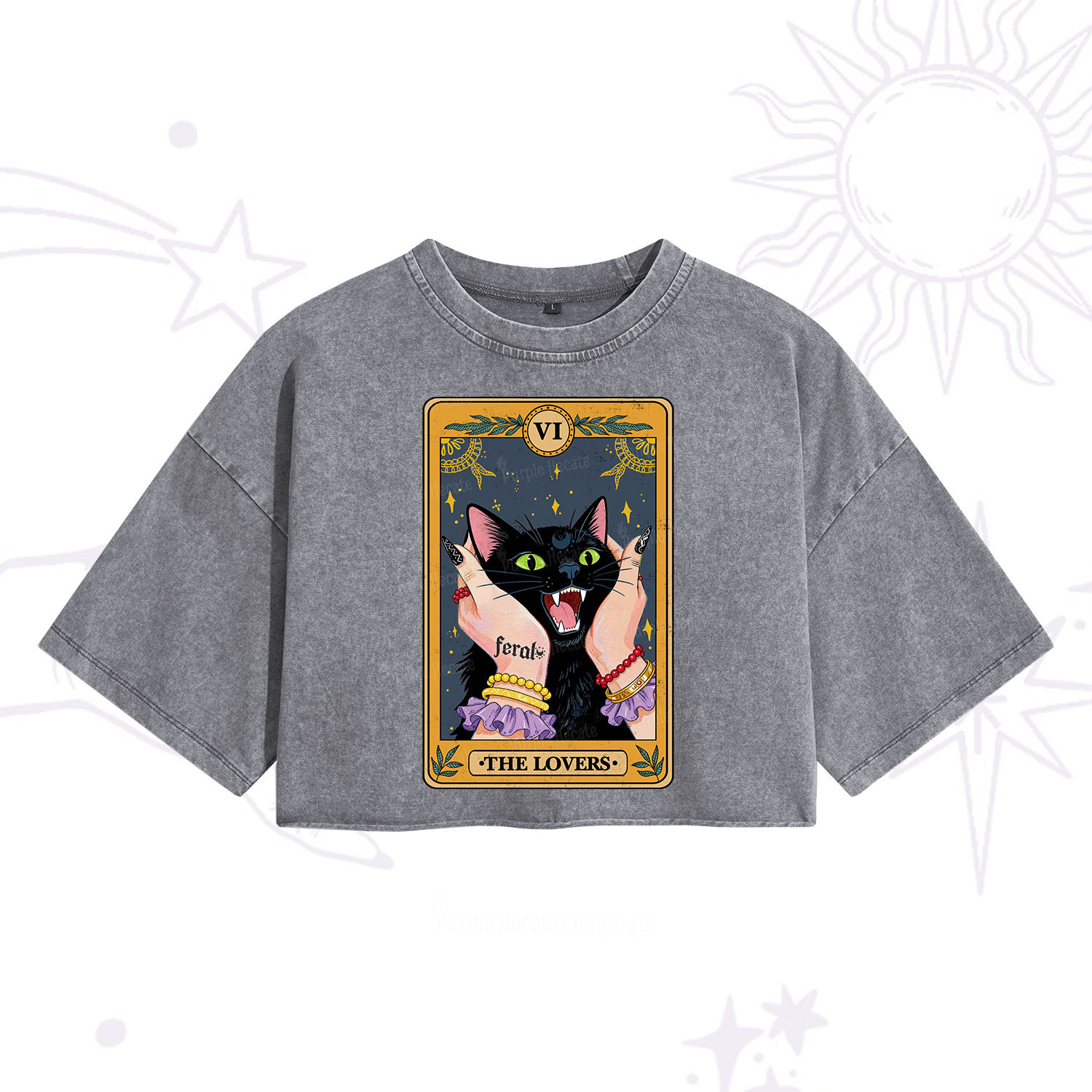 Purplehecate The Lovers Tarot Feral Cat Washed Cropped T-Shirt