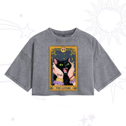 Purplehecate The Lovers Tarot Feral Cat Washed Cropped T-Shirt