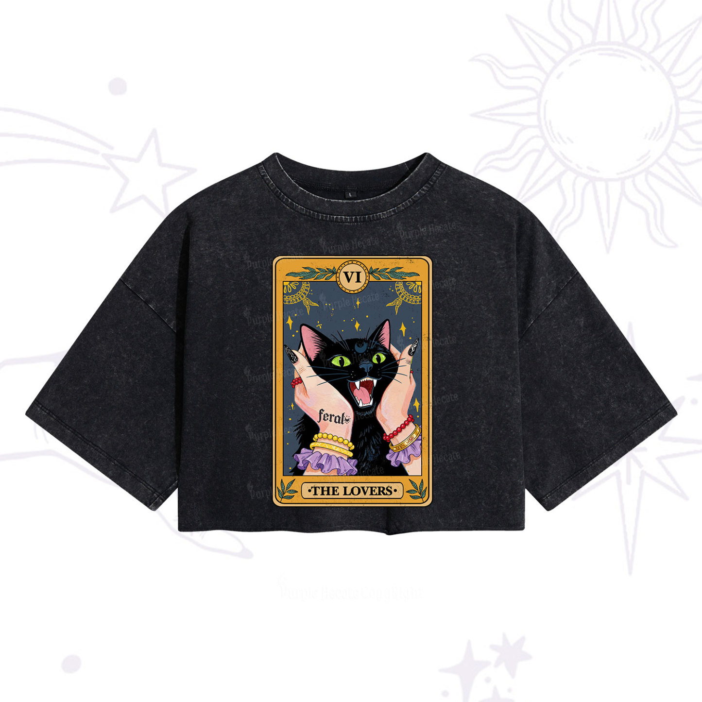 Purplehecate The Lovers Tarot Feral Cat Washed Cropped T-Shirt