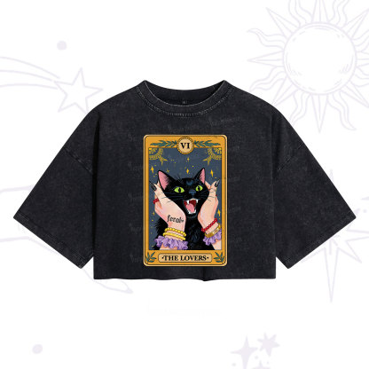 Purplehecate The Lovers Tarot Feral Cat Washed Cropped T-Shirt