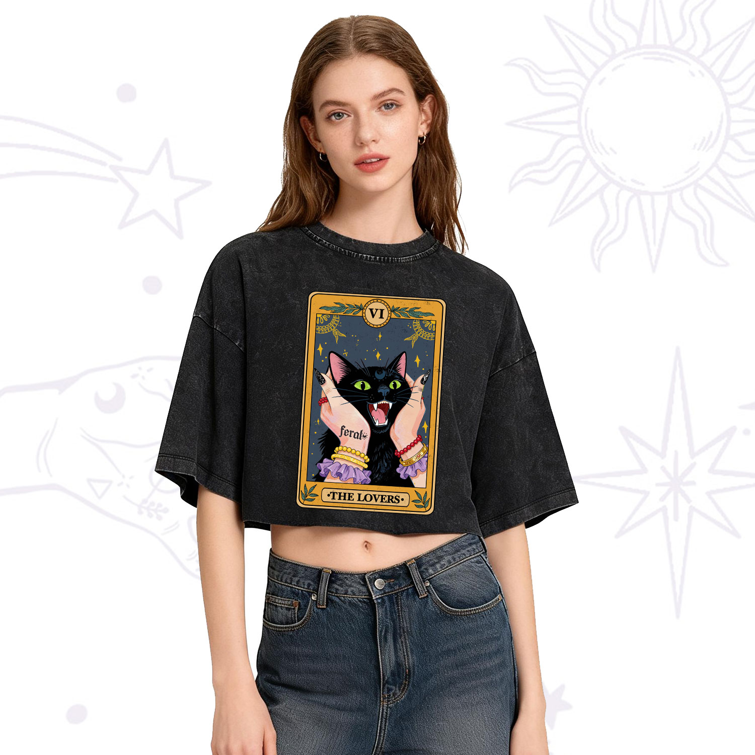 Purplehecate The Lovers Tarot Feral Cat Washed Cropped T-Shirt