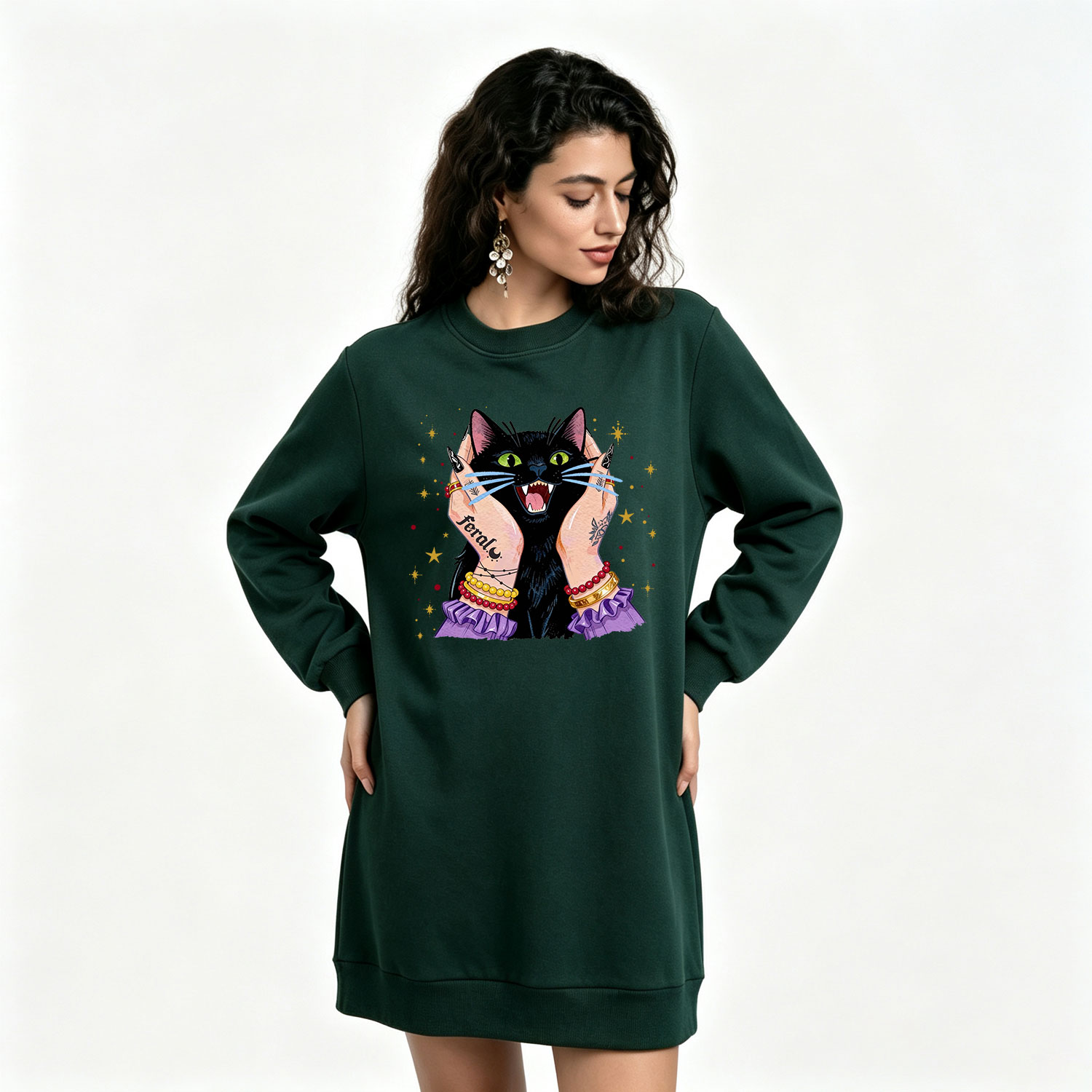 Purplehecate Feral Cat Magic Sweatshirt Dress