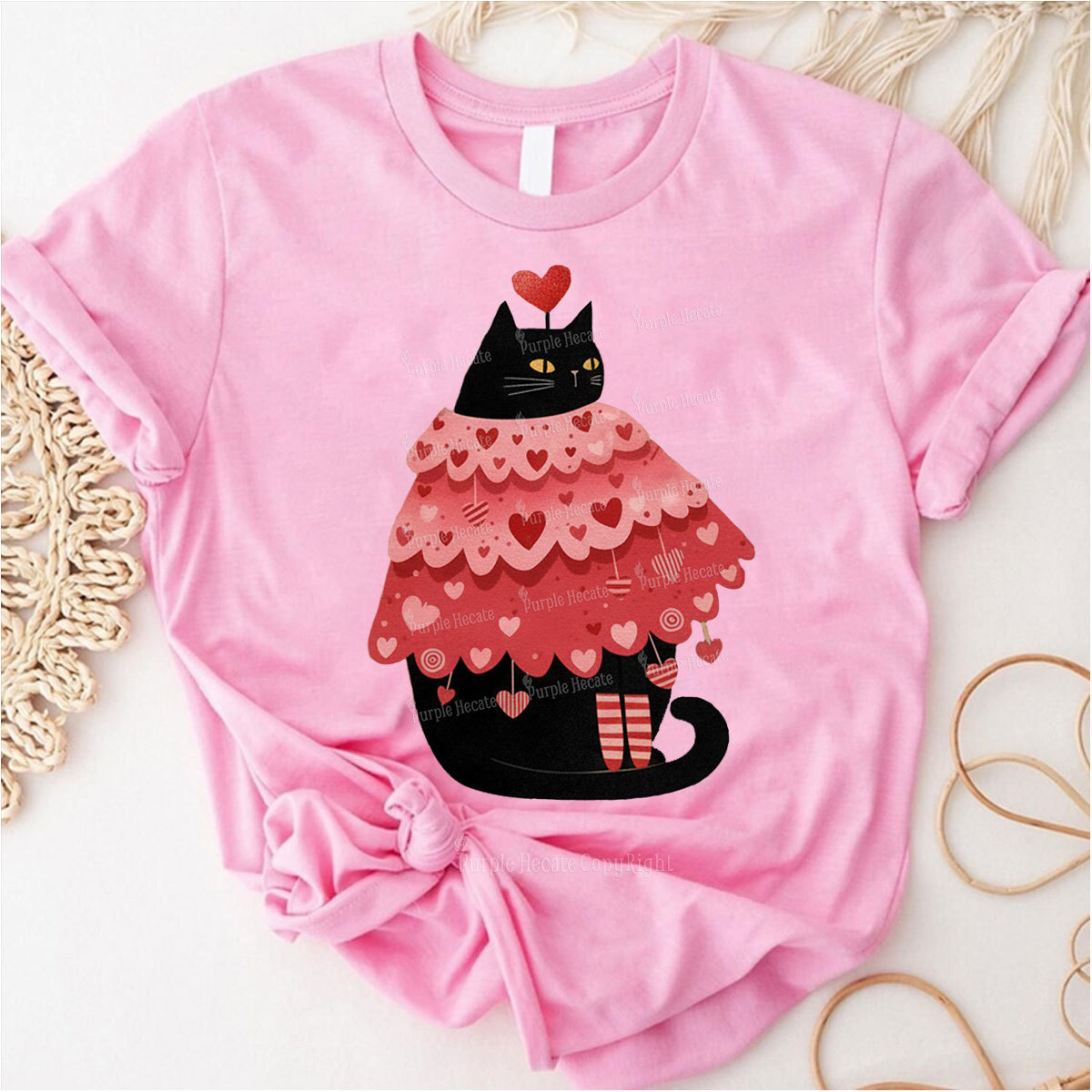 Purplehecate Funny Black Cat in Heart Dress Valentine Couple T-Shirt