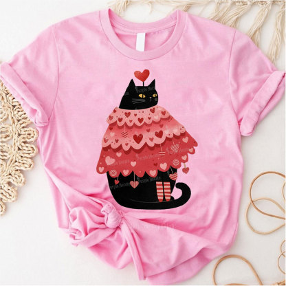 Purplehecate Funny Black Cat in Heart Dress Valentine Couple T-Shirt