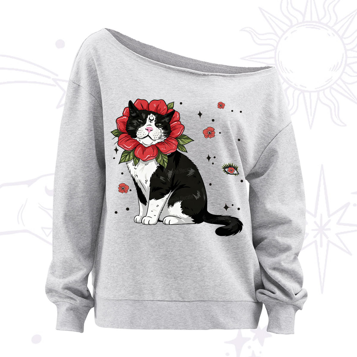Purplehecate Cat in Flower Crown Off The Shoulder Sweatshirt