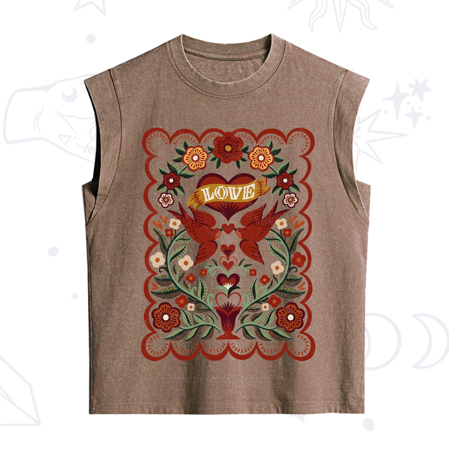 Purplehecate Folk Love Birds Floral Vintage Washed Tank